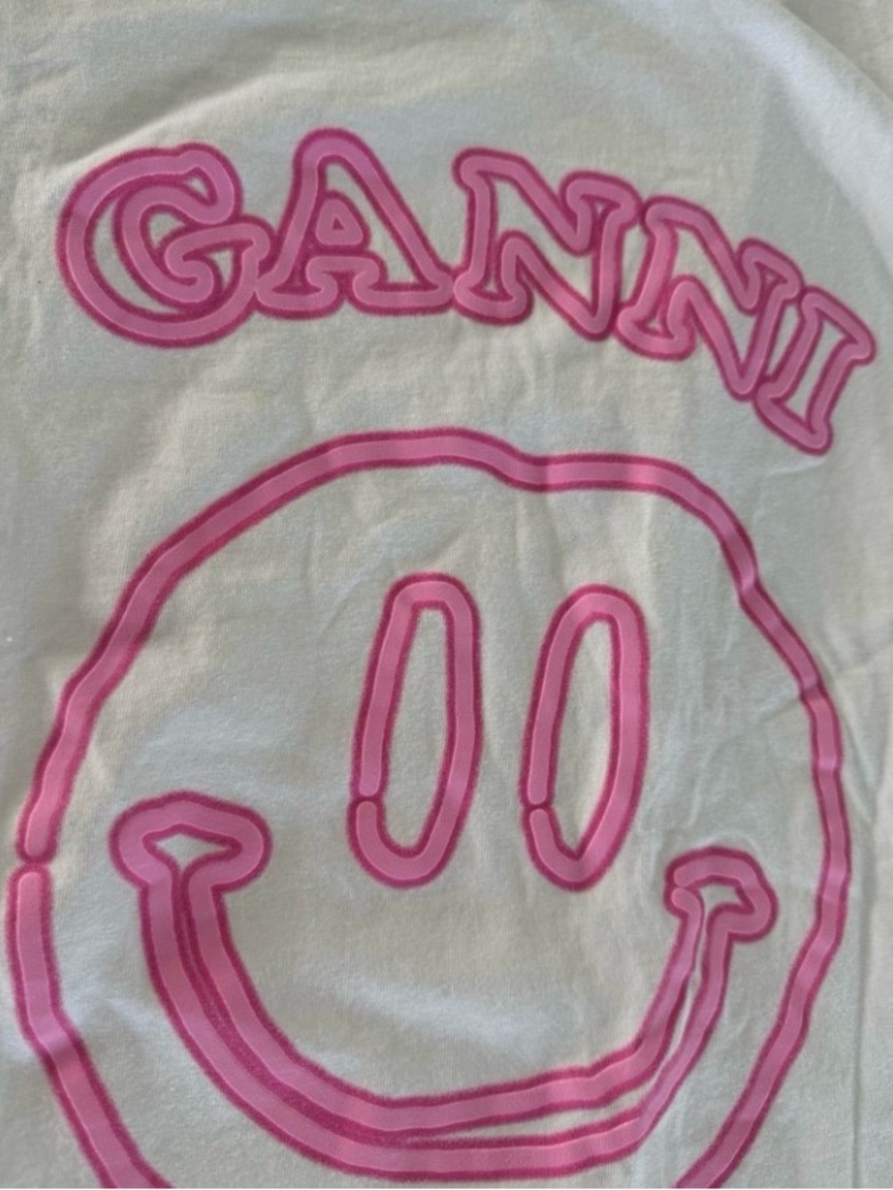 Ganni White Tee with Pink Smiley and 'GANNI HOTEL' Graphic - Picture 2 of 5